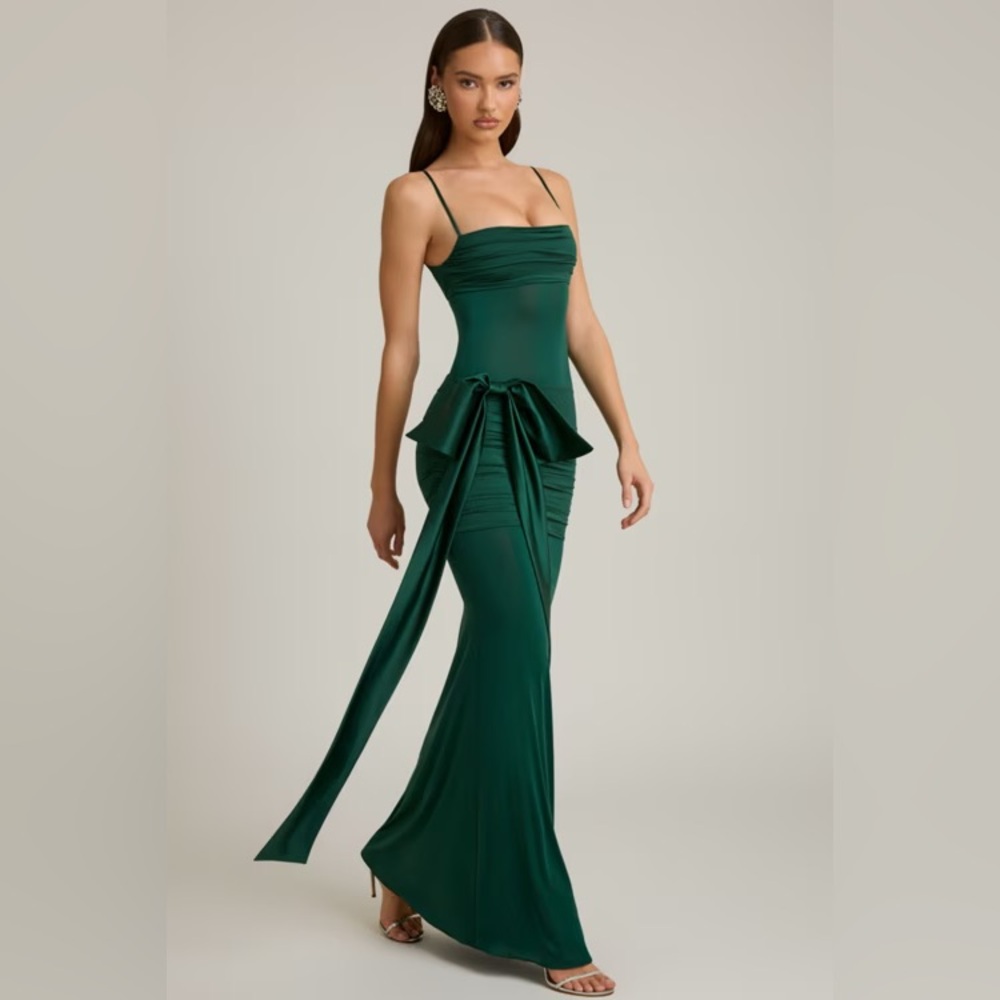 NWT Oh Polly Laurelina Bow-Detail Ruched Maxi Dress Emerald  Green Dress 8